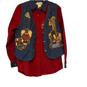Vtg Quacker Factory Women's Small 2-pc Set Shirt Denim Vest Bears Rhinestone‎